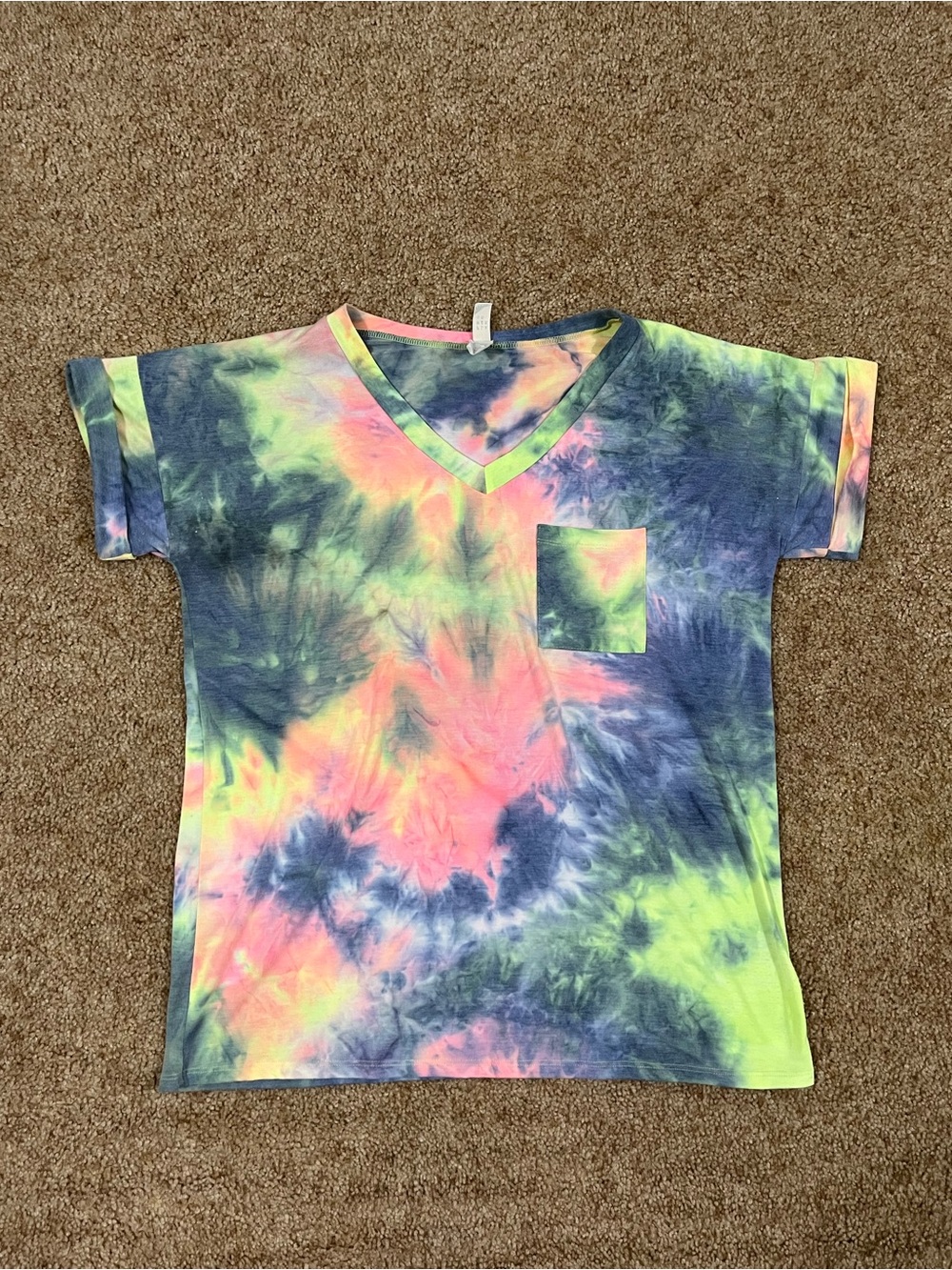 Flamingo Tie Dye V-Neck Short Sleeve T-Shirt Pocket Tee Women’s Size XL